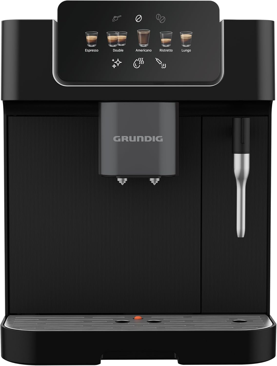 GRUNDIG KVA 6230 Espressovollautomat mit Milchaufschäumer, Edelstahlmahlwerk mit 13 Mahlstufen, Bohnenbehälter 250 g, abnehmbarer Wassertank 2 Liter, Pumpendruck 19 bar, Touch-Display, schwarz