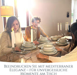 48-teiliges Keramik-Steinzeug-Geschirrset für 12 Personen, Ibiza-Design, TESTSIEGER. Ein wunderschönes mediterranes Geschirrset aus Keramiksteinzeug mit Schüsseln und Tellern. Pure Living Geschirrset, beige.