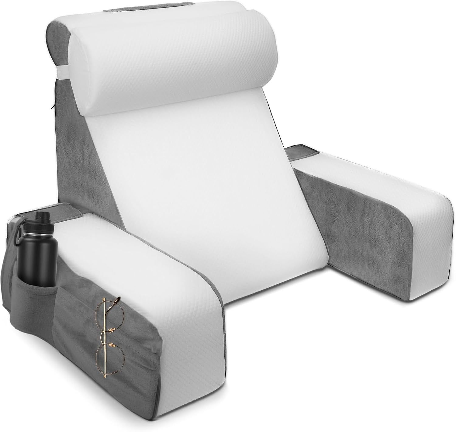 Großes Lesekissen mit abnehmbarer Nackenstütze und Armlehnen, Rückenkissen fürs Bett, ergonomisches Rückenkissen mit Armlehne, Tasche und waschbarem Bezug zum Lesen und Fernsehen.