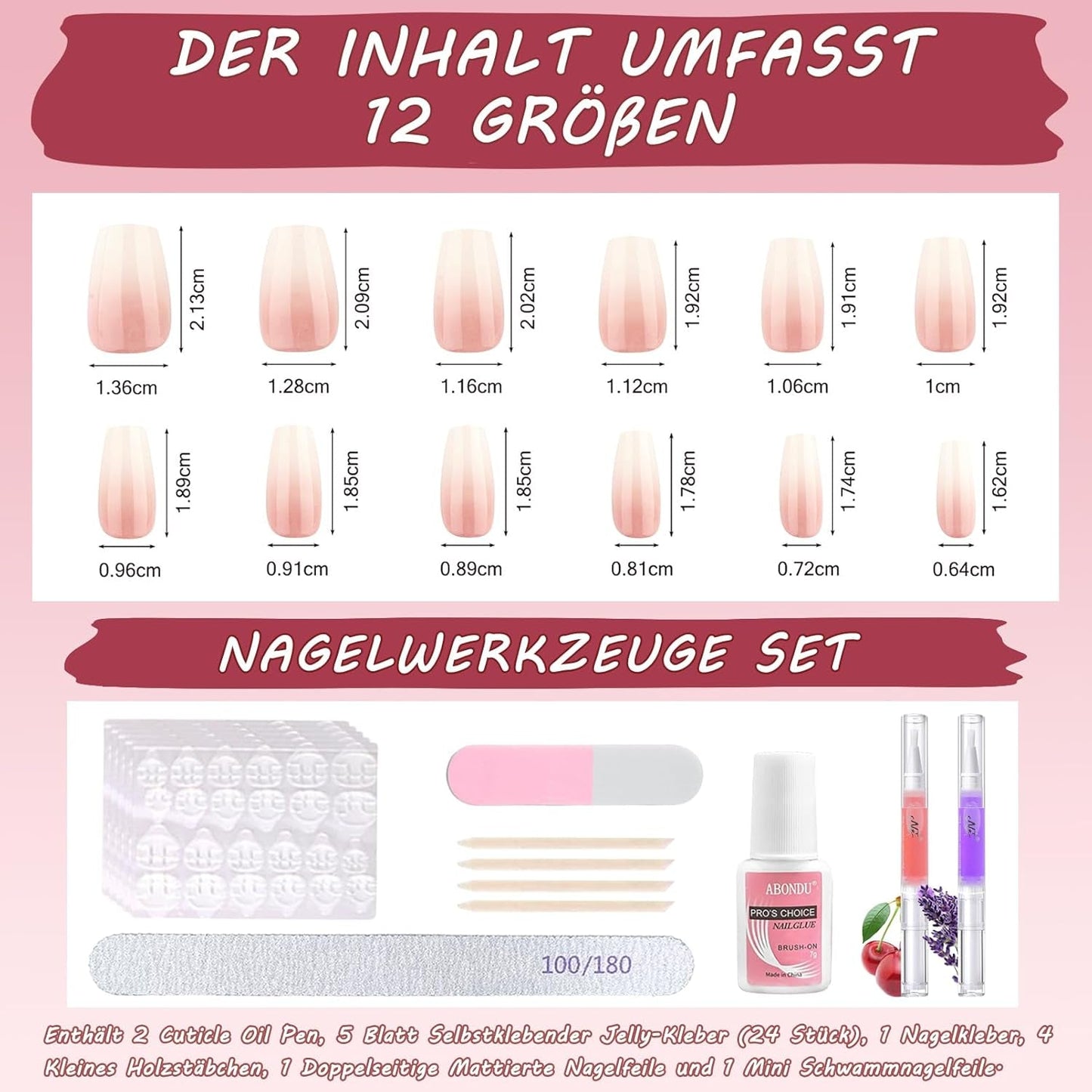 360-teiliges Ballerina-Kunstnägel-Set mit Farbverlauf, rosa-weißer Farbverlauf zum Aufkleben, künstliche Nägel mit 2 Nagelölstiften, mittlere künstliche Nägel im Ombré-Stil für Frauen zum Selbermachen