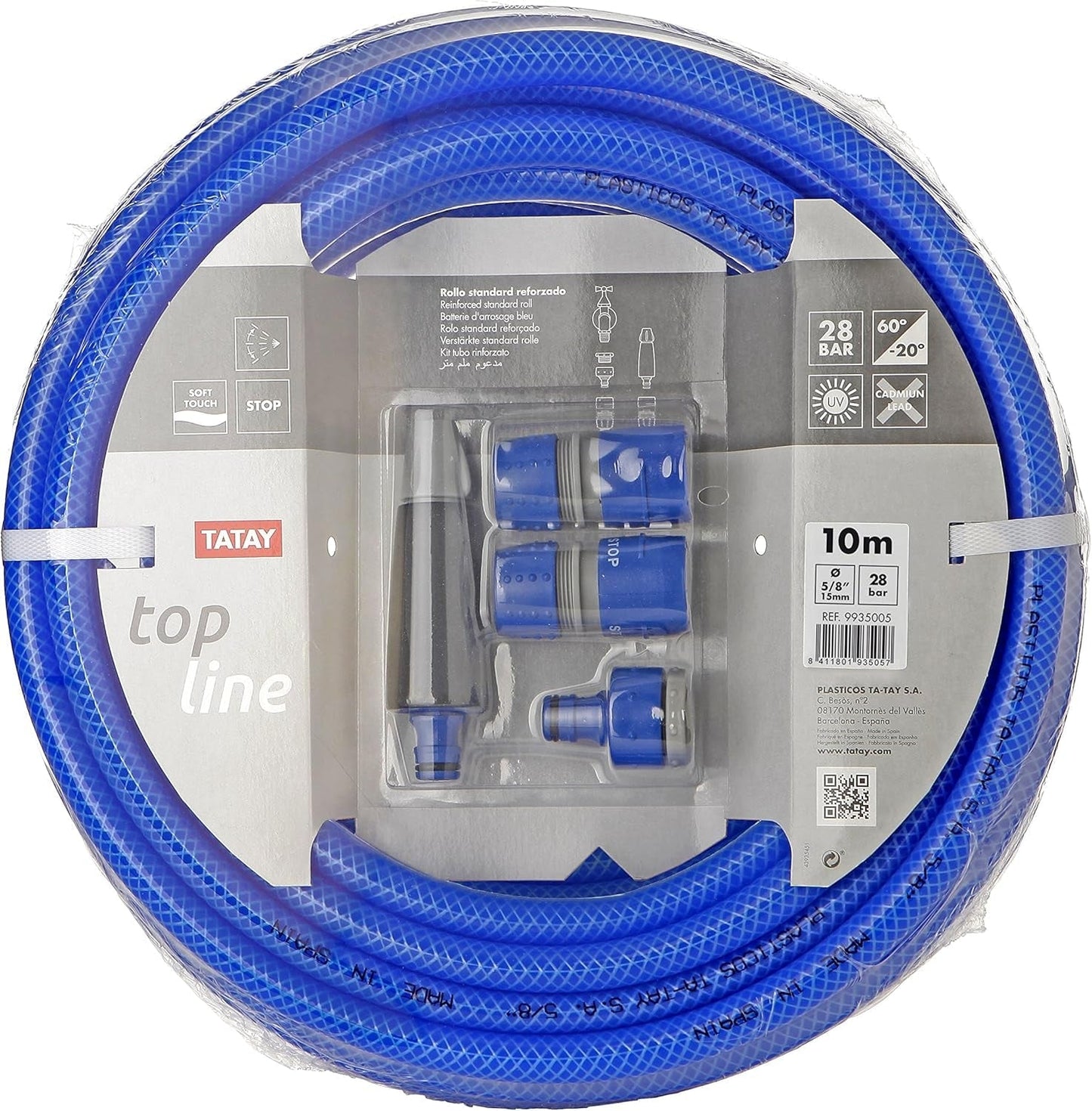 TATAY Blue Line Gartenschlauchset 10 Meter Ø5/8" 15mm, 3 Lagen, hergestellt in Spanien, Widerstand 28 bar und +60°/-20°, geflochten, cadmium- und bleifrei, BPA-frei, Anti-UV. Blaue Farbe.