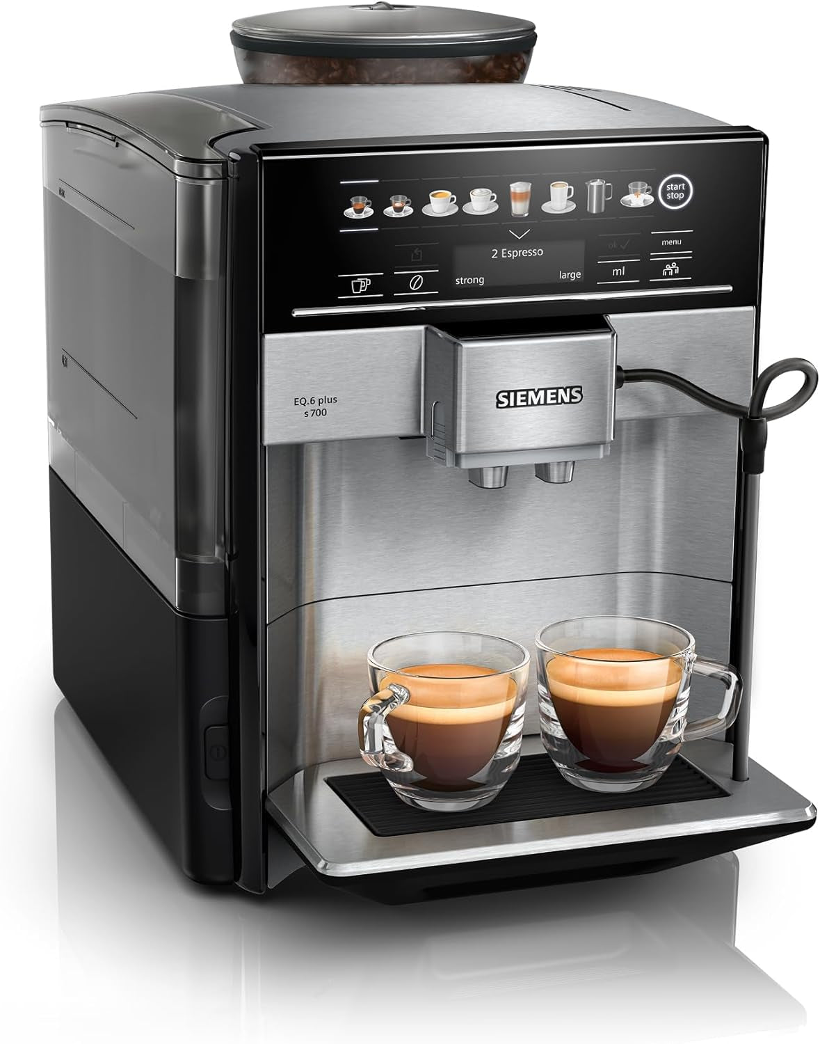 Automatische Espressomaschine Siemens EQ.6 plus s700 TE657503DE, für viele Kaffeespezialitäten, Milchaufschäumer, Keramikmahlwerk, Doppelkaffeefunktion, Antikalk, automatische Dampfreinigung, 1500 W, Edelstahl