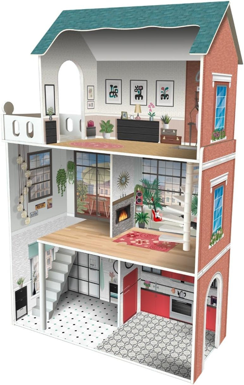 Soho-Madera Design 3-stöckiges Puppenhaus mit 8 Möbelstücken, Größe 120 x 33 x 75 cm (913D00181) Naty Shop Dollhouses Standardtitel