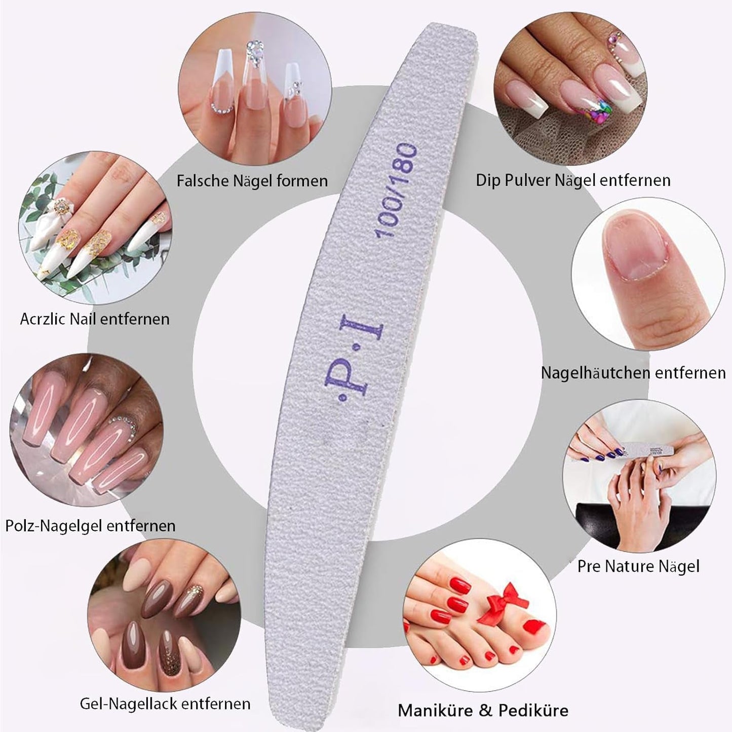 3-teiliges Nagelfeilen-Set, Nagelfeilen für Gelnägel, verschleißfestes und waschbares Gel-Nagelzubehör, professionelle Nagelfeile 100/180 mit 3 Formen, weiß