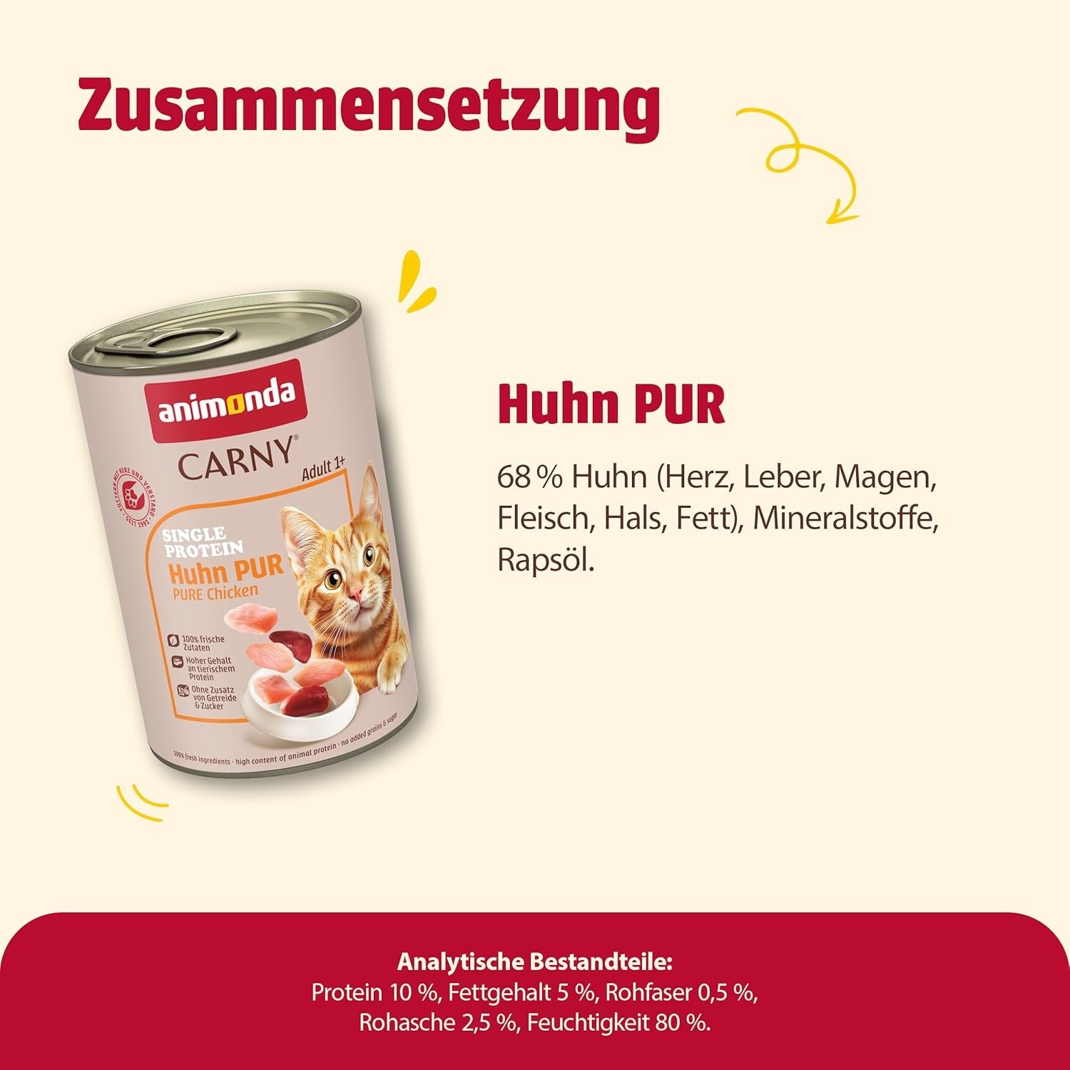 animonda Carny Adult Single Protein Pure Chicken (6 x 400g), Nassfutter für ausgewachsene Katzen mit einer einzigen Proteinquelle, Nassfutter für ausgewachsene Katzen, getreidefrei und zuckerfrei