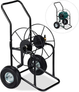 Relaxdays Schlauchwagen, mobile Schlauchtrommel, 1/2" und 3/4" Anschluss, Schlauch bis 80 m, 2 Rollen, Metall, schwarz