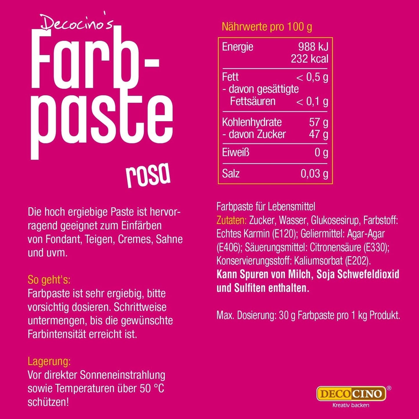 DECOCINO rosa Farbpaste – 20 g – Lebensmittelfarbe, ideal zum Färben von Kuchen, Fondant und Cremes – frei von Azo-Fettsäuren und Gluten