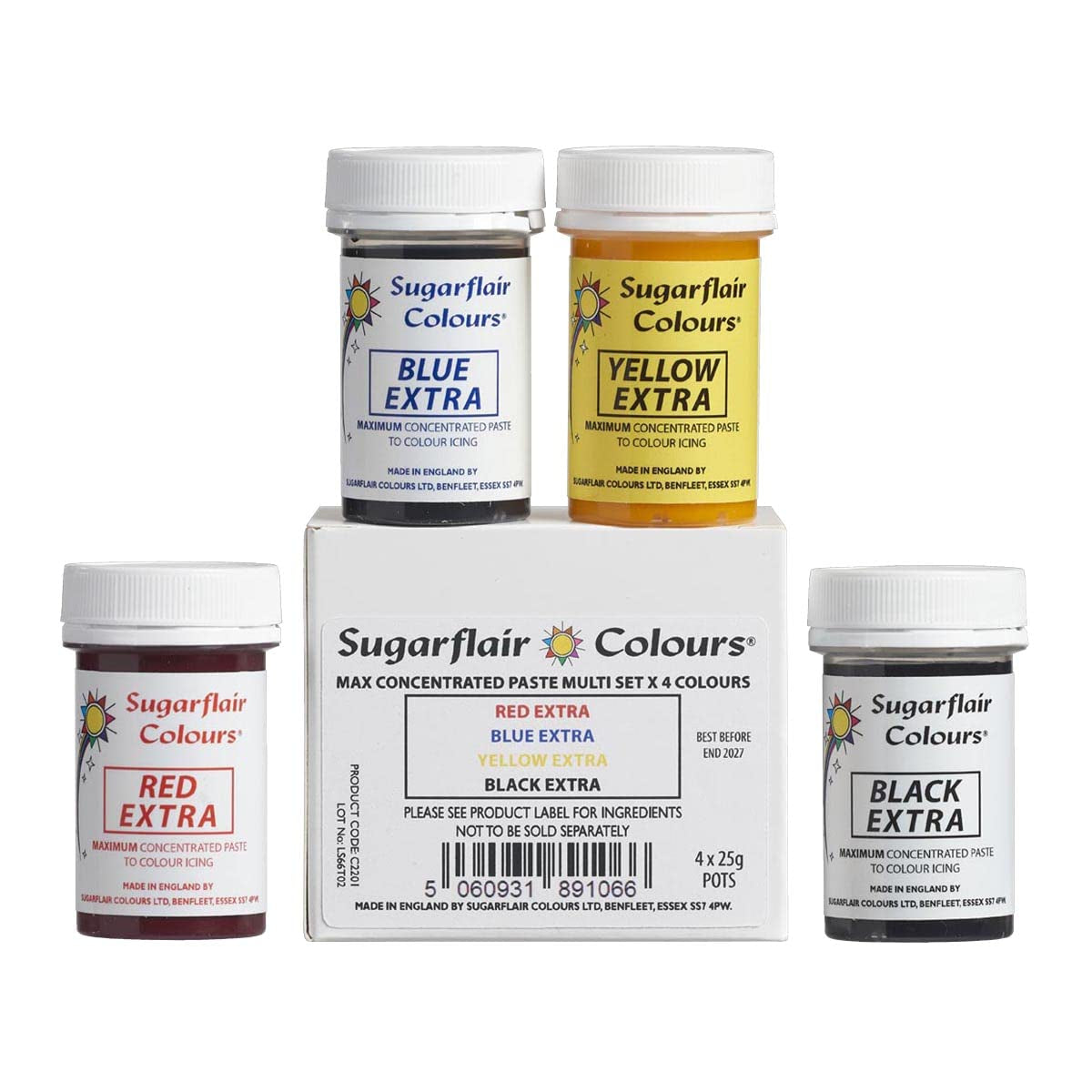 Lebensmittelfarben-Set Sugarflair Max Concentrated/4, Lebensmittelfarbe in Paste Max Concentrate, EXTRA blau, gelb, rot, schwarz – 4x25g