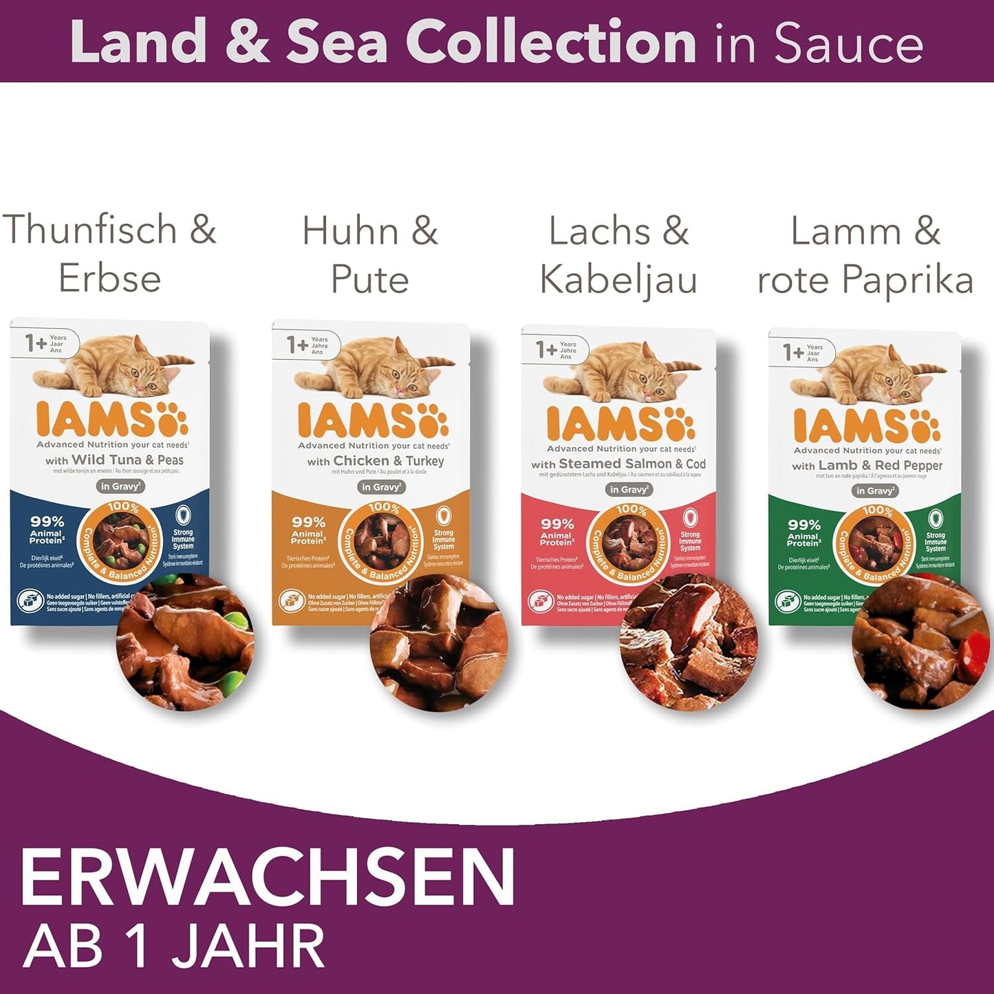 IAMS Delights Land & Sea Collection Nassfutter für Katzen – Fleisch- und Fischsortiment, Multipack in Soße, Nassfutter für Katzen ab 1 Jahr, 12 x 85 g