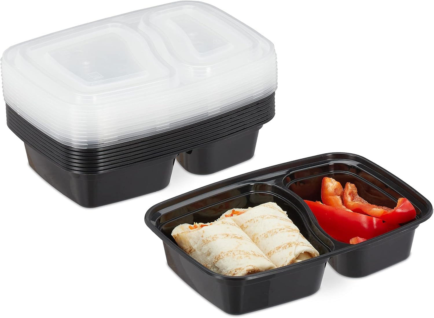 Relaxdays Meal-Prep-Boxen, 10er-Set, 2 Fächer, mikrowellenbeständig, 800 ml, Lebensmittelbox aus Kunststoff mit Deckel, schwarz, Frischhalteboxen Naty Shop Standardtitel