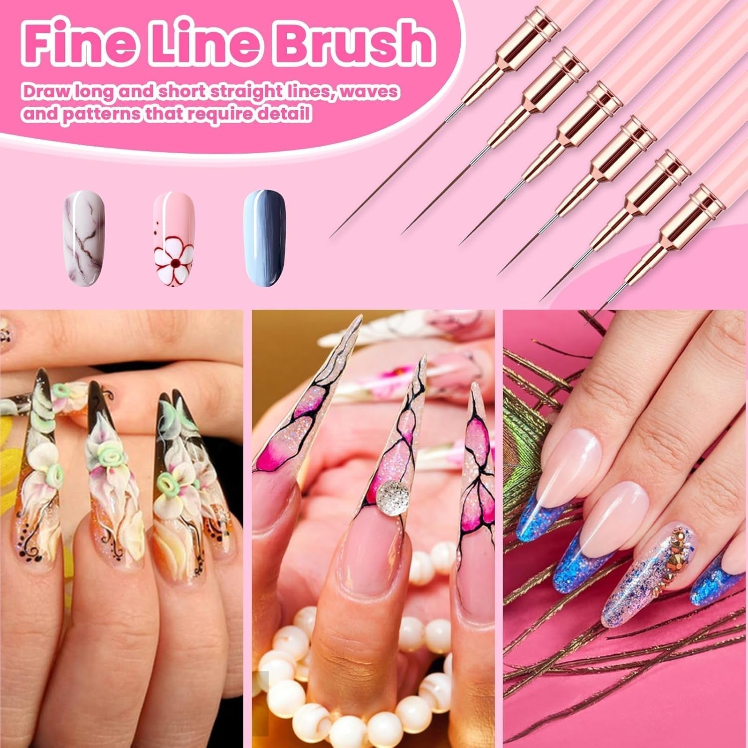 6 Stück Liner Nailart Pinsel Nageldesign Pinsel Set Dünn Acryl Nagelpunkt-Zeichenwerkzeug Nägel Dünne Nagelpinsel Set Für Lange Linien, Dünne Details, Feines Zichnen 5/7/9/11/15/25 Mm (Rosa)