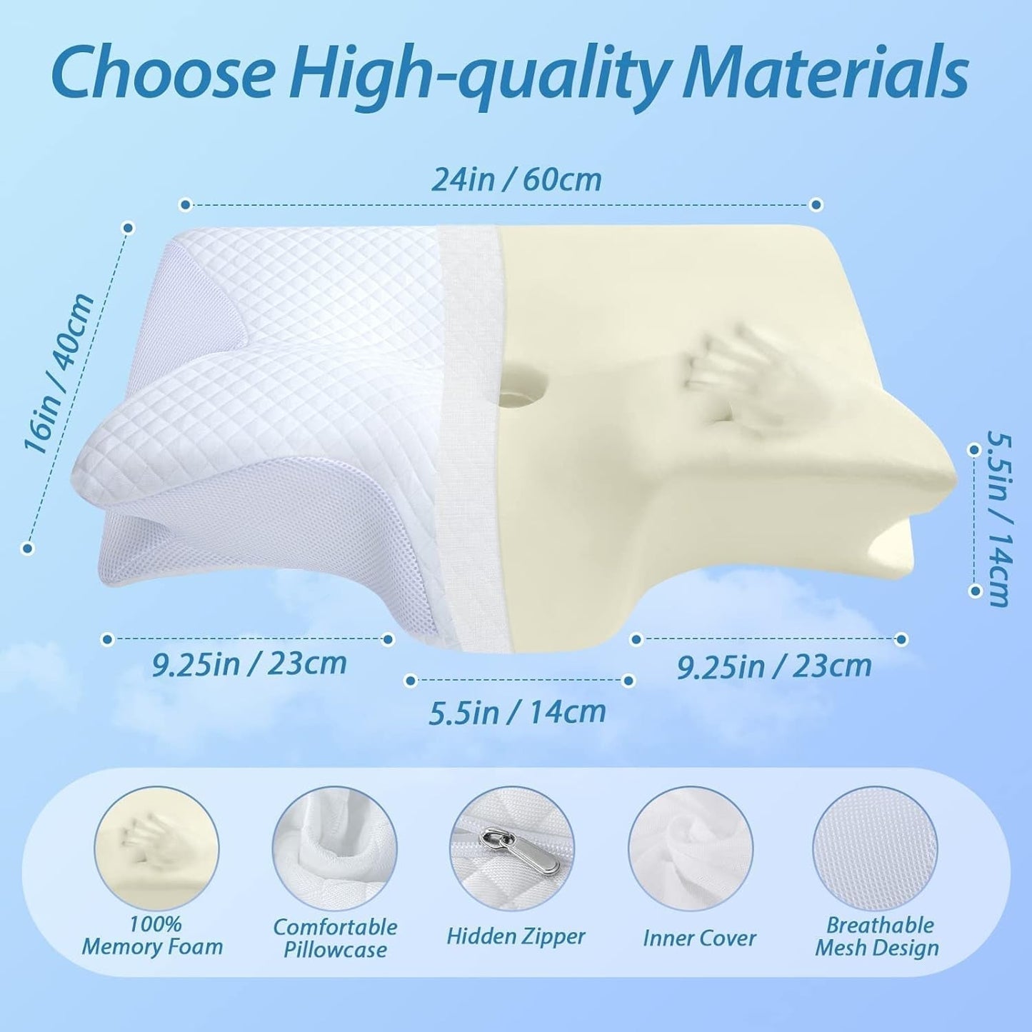 HOMCA Nackenkissen Orthopädisches Kissen 2-in-1-Memory-Schaum-Kissen Nackenstützkissen Ergonomisches Kopfkissen für Rücken-, Seiten- und Bauchschmerzen 60 x 13/11 x 40 cm Naty Shop Orthopädische Nackenkissen