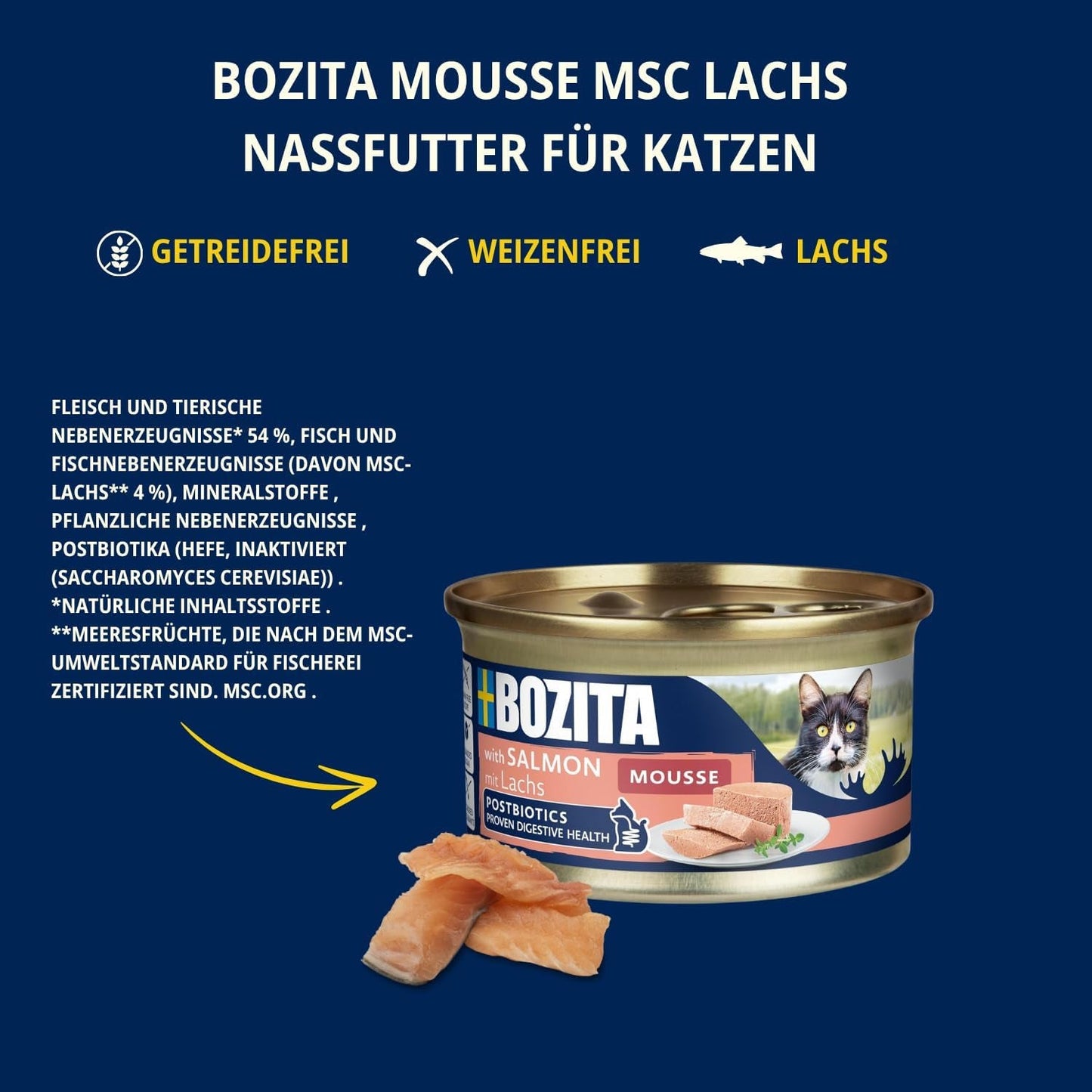 Bozita Mousse MSC Lachs – 12 x 85 g Nassfutter für Katzen mit einer feinen Textur aus Mousse und Lachs – getreidefreie Rezeptur, ohne Zucker- oder Farbstoffzusatz – mit Postbiotika zur Unterstützung der Darmflora