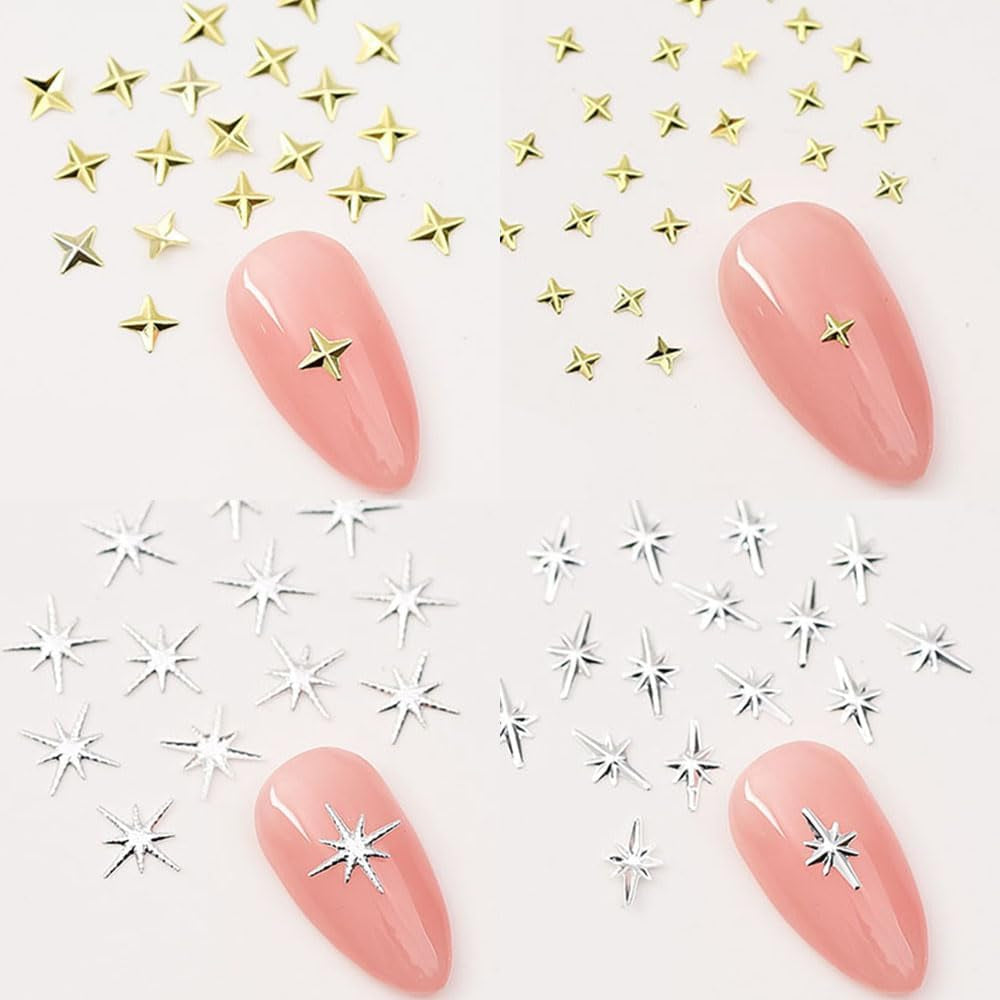 120 Stück gold-silberne Stern-Nagel-Charms, Stern-Y2K-Nägel, Metall-Stern-Nagel-Charms, verschiedene Größen, Nagelschrauben, Stern-Nageldesign, Nagelkunst, 3D-Stern-Charms, Nageldekoration, Nagel-Charms, Nagel-Zubehör