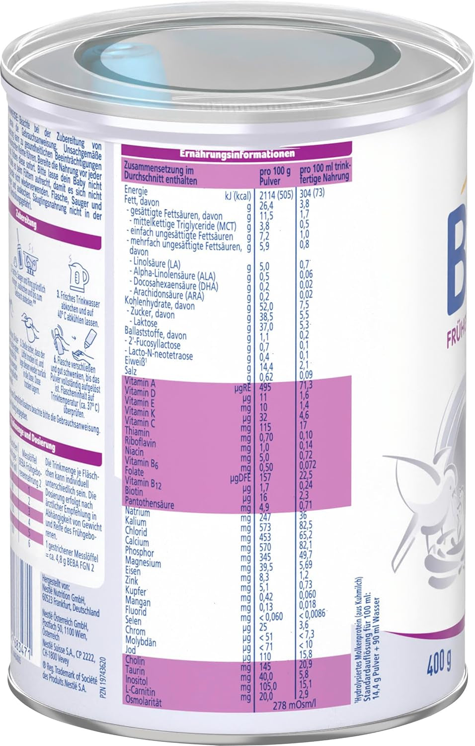 BEBA Frühgeborenennahrung Stufe 2 – Frühgeborene nach Krankenhausentlassung, Babynahrung, Babymilchpulver, 1 Packung (1 x 400 g)