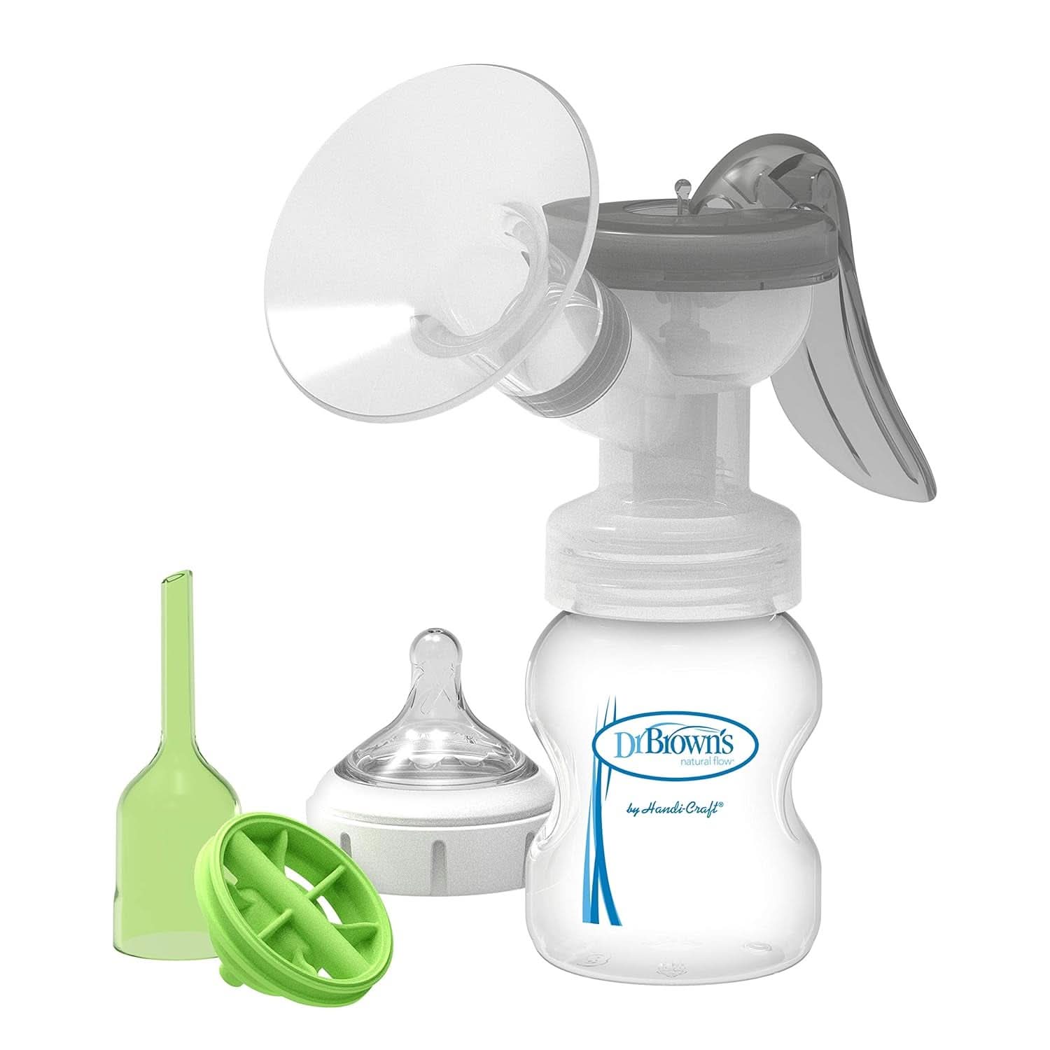 Manuelle Milchpumpe mit Softshape-Schutz aus 100 % Silikon (B, 25-mm-Flansch) und Anti-Kolik-Optionen + 150-ml-Weithalsflasche mit langsam fließendem Sauger der Stufe 1 Zubehör Essen und Stillen Bebe Naty Shop