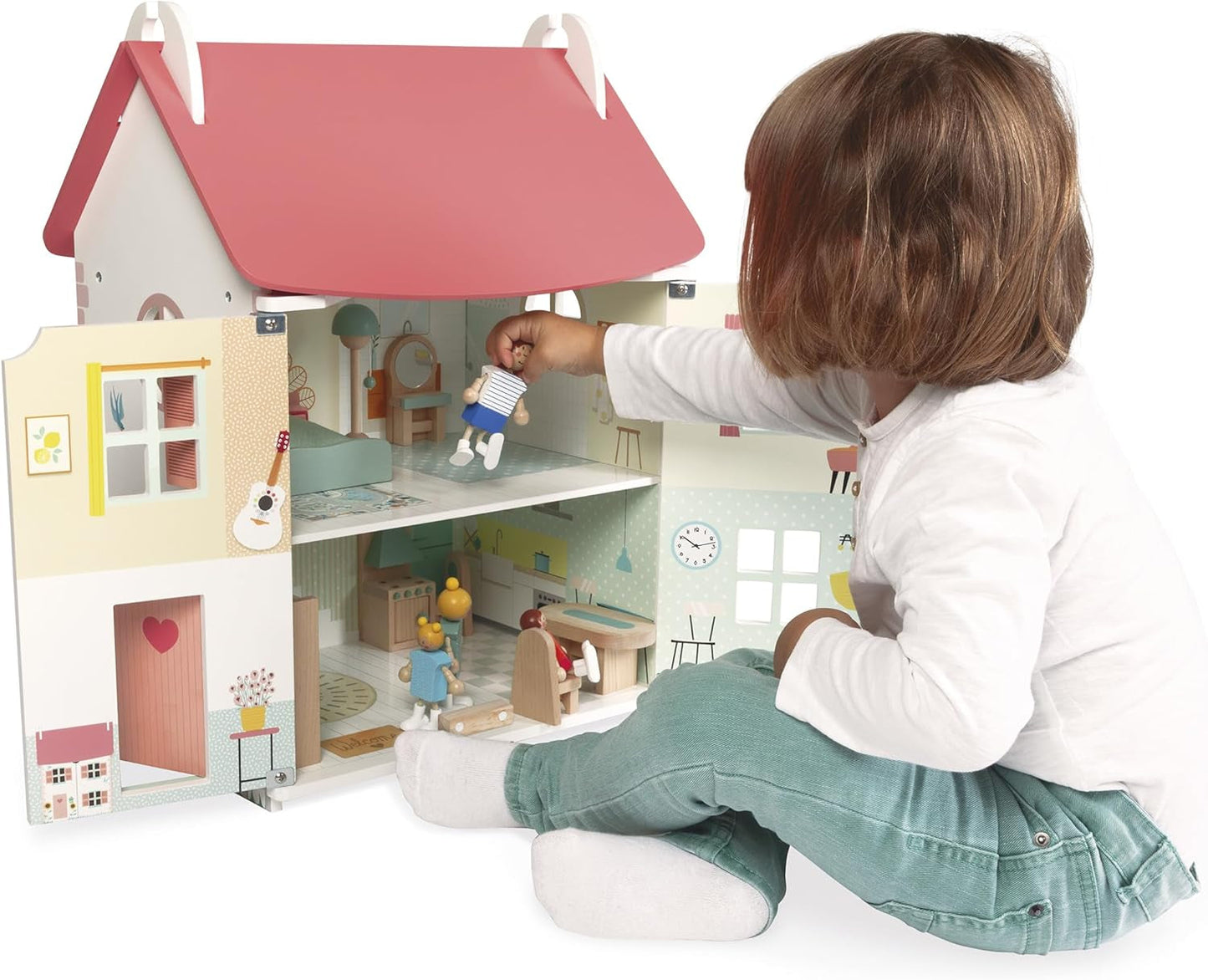 Janod – Mein erstes Puppenhaus aus Holz – 10 Zubehörteile – Puppenmöbel – magnetische Türen und abnehmbares Dach – FSC-zertifiziertes Holzspielzeug – ab 3 Jahren