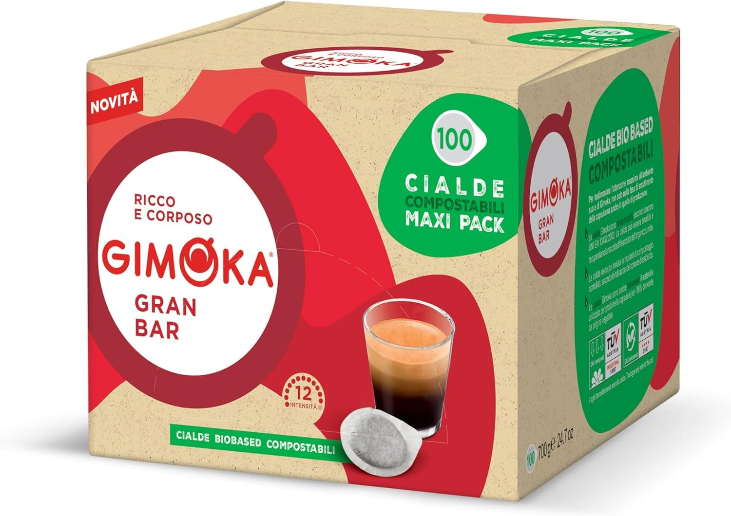 Gimoka Kompostierbare Kaffeepads, Gran Bar Intenso Kaffeemischung, Intensität 12-100 Pads – Kompatibel mit ESE System Papier Pads 44 mm