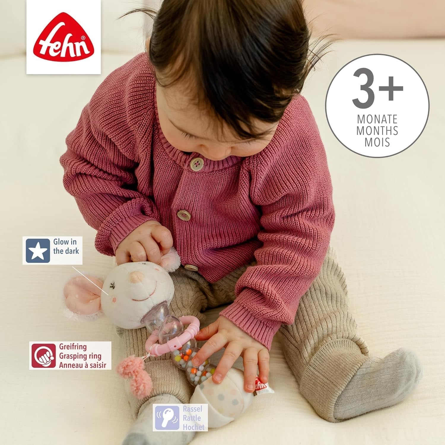 Fehn Regenmacher-Maus – Motorikspielzeug mit Glocke zum Greifen und Geräuschemachen – Glockenstab fördert spielerisch Sinne und Motorik – für Babys und Kleinkinder ab 0+ Monaten Babyspielzeug Naty Shop
