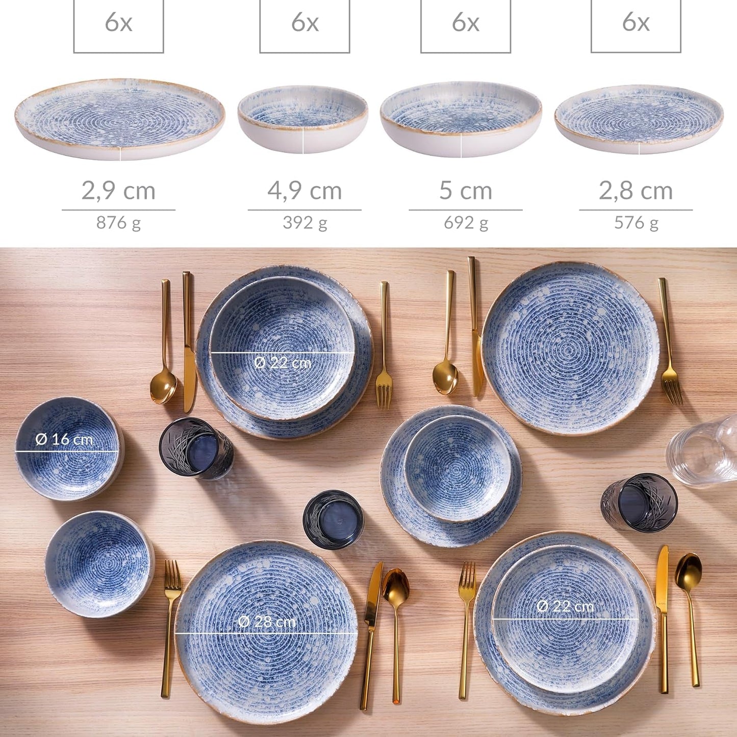Azurblaues Vintage-Geschirrset aus Steingut für 6 bis 24 Teile – weiße und blaue Streifen, geprägte Oberfläche – spülmaschinen-, ofen- und mikrowellenfest