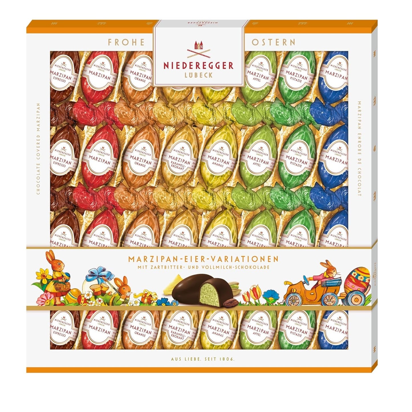 Niederegger | Marzipan-Eier | 1 x 400g | Varianten: Classic, Milchschokolade, Orange, Caramel Crunch, Ananas, Apfel, Espresso und Pistazie | Überzogen mit dunkler und Milchschokolade | Ostergeschenk