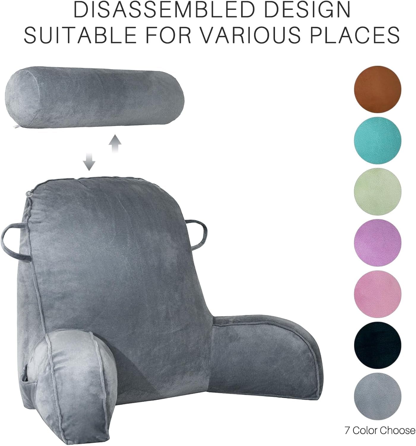 XL-Lesekissen für Bett und Sofa mit abnehmbarer Nackenrolle, ideales Rückenkissen für Erwachsene mit Memory-Schaum für bequemes Lesen, Arbeiten, Spielen, Fernsehen, Entspannen (Grau)