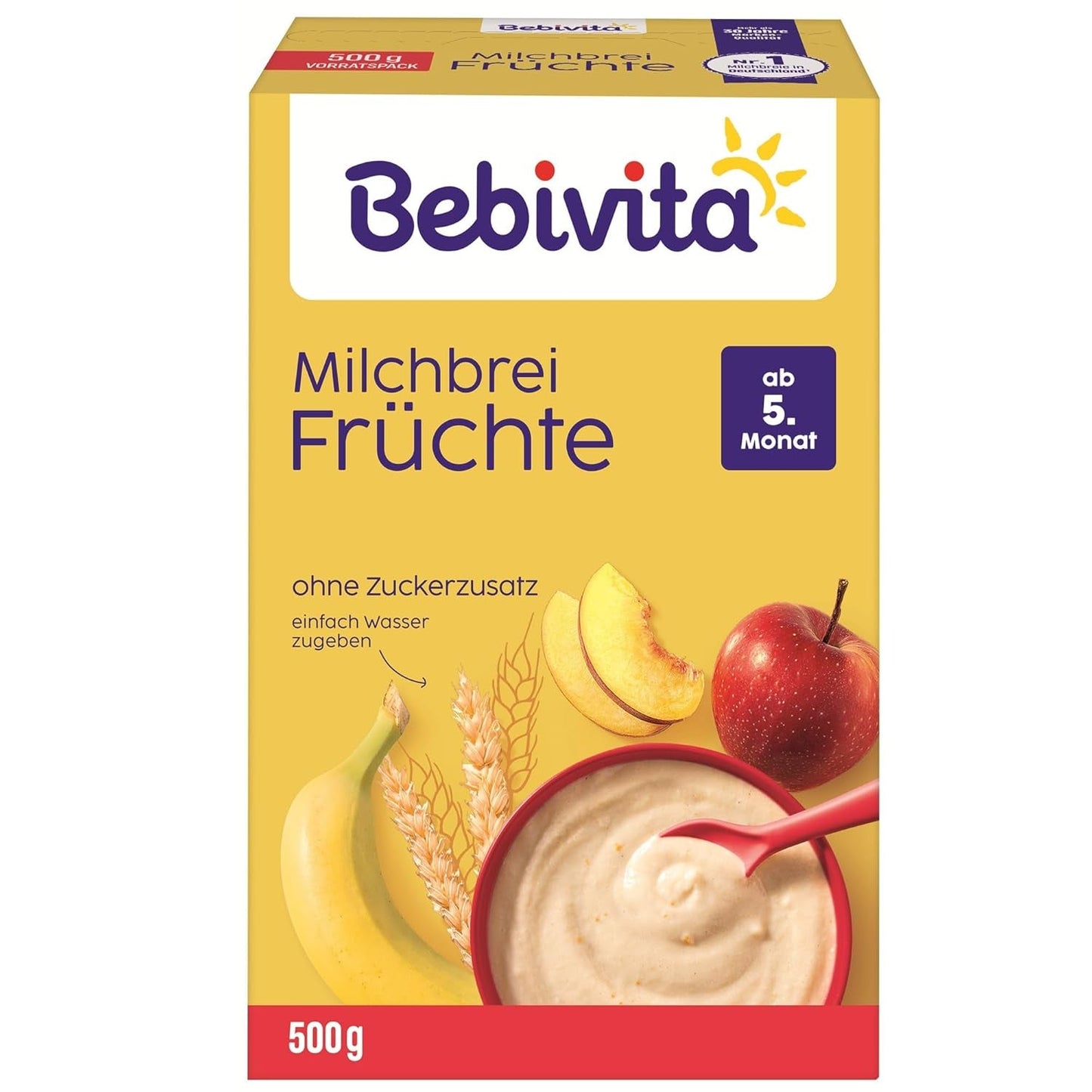 Milchbrei mit Früchten (4x500g), ab 5 Monaten, ohne Zuckerzusatz, mit wertvollen Mineralien und Vitaminen, sehr sättigend