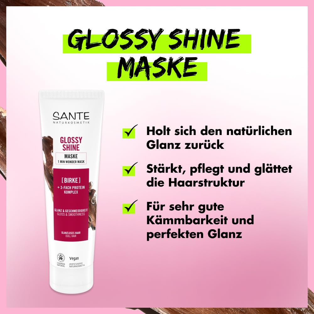 SANTE Naturkosmetik Glossy Shine Mask Bio-Birkenblattextrakt + 3x Proteinkomplex, silikonfreie und feuchtigkeitsspendende Haarmaske, vegane Haarpflege für mehr Glanz und Geschmeidigkeit, 150 ml Naty Shop Haarmaske