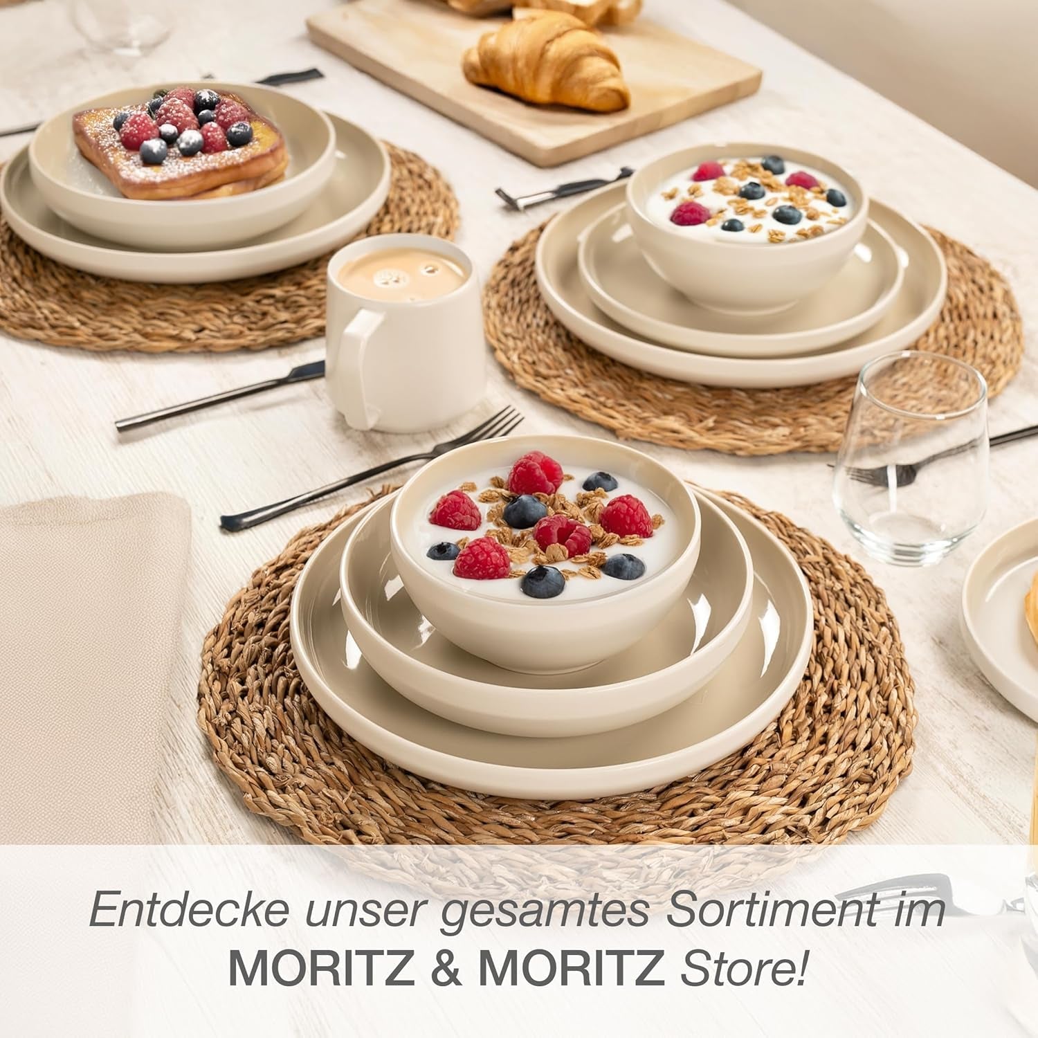 Moritz & Moritz CAVO Steinzeug-Geschirrset für 12 Personen, 36-teilig – Modernes Tafelservice in Sandfarbe – Pflegeleichtes Kombi-Set mit Tellern und Schüsseln – Kaffeeservice