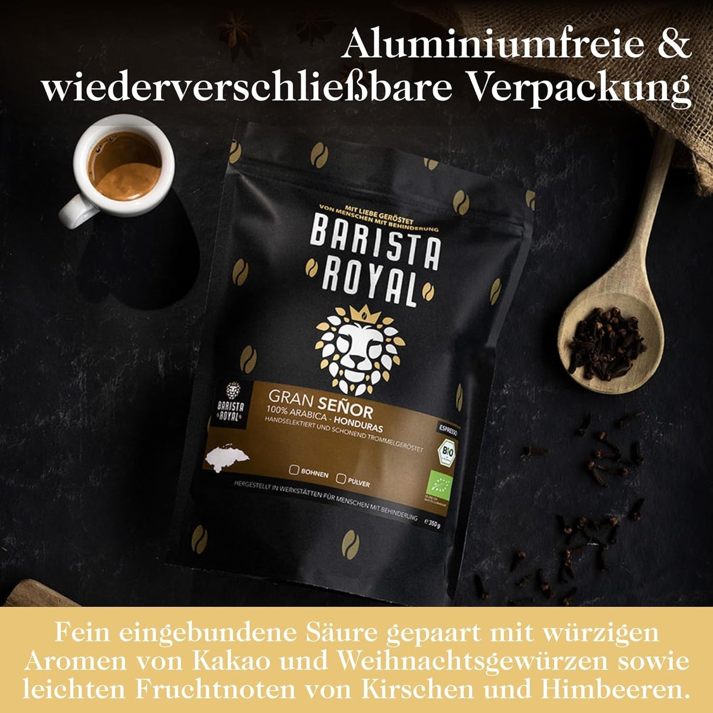 BARISTA ROYAL Bio Espressobohnen 1kg „Gran Señor“ | Frische Kaffeebohnen direkt aus Honduras | 100% Arabica Espresso ganze Bohnen | Ideal für Vollautomaten und Siebträger