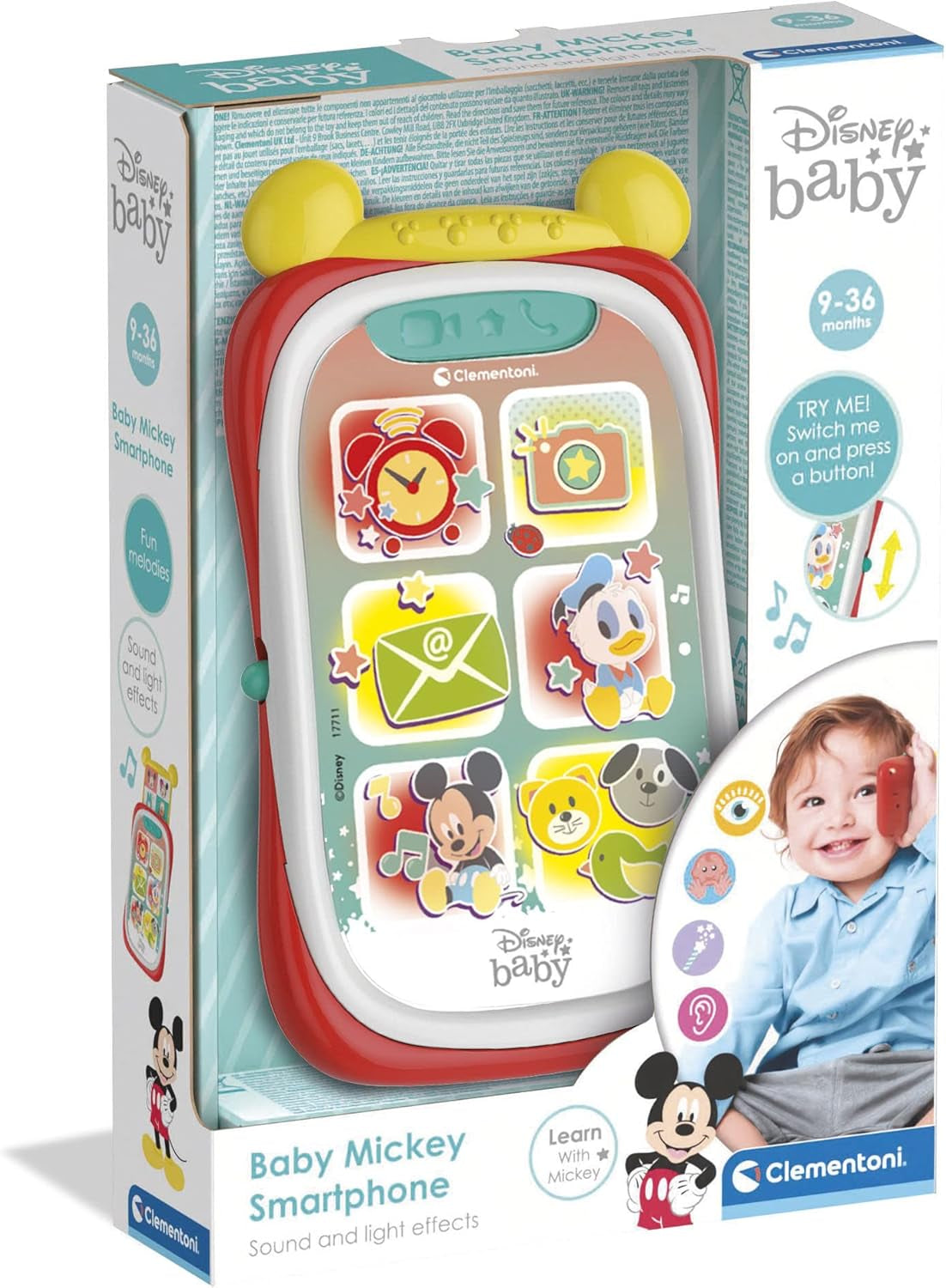 Clementoni 17711 Disney Baby Baby Mickey Smartphone, Kinderhandy mit Licht- und Soundeffekten, interaktives Spielzeug für Kinder von 9–36 Monaten, M, mehrfarbig, Bebe Toys Naty Shop
