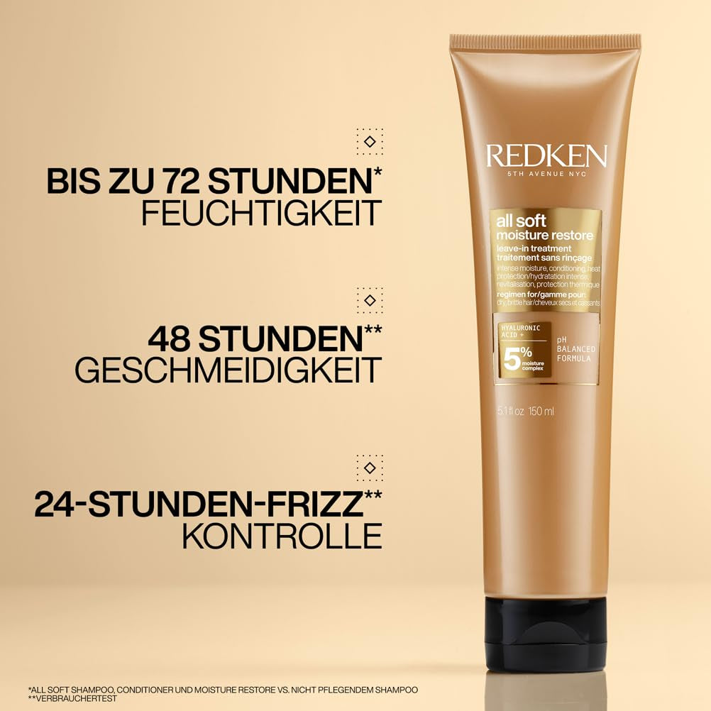 Redken Haarmaske mit Hyaluronsäure für trockenes Haar, Anti-Frizz und Hitzeschutz bis 230 °C, All Soft Moisture Restore Leave-In-Maske, 1 x 150 ml Naty Shop Haarmaske