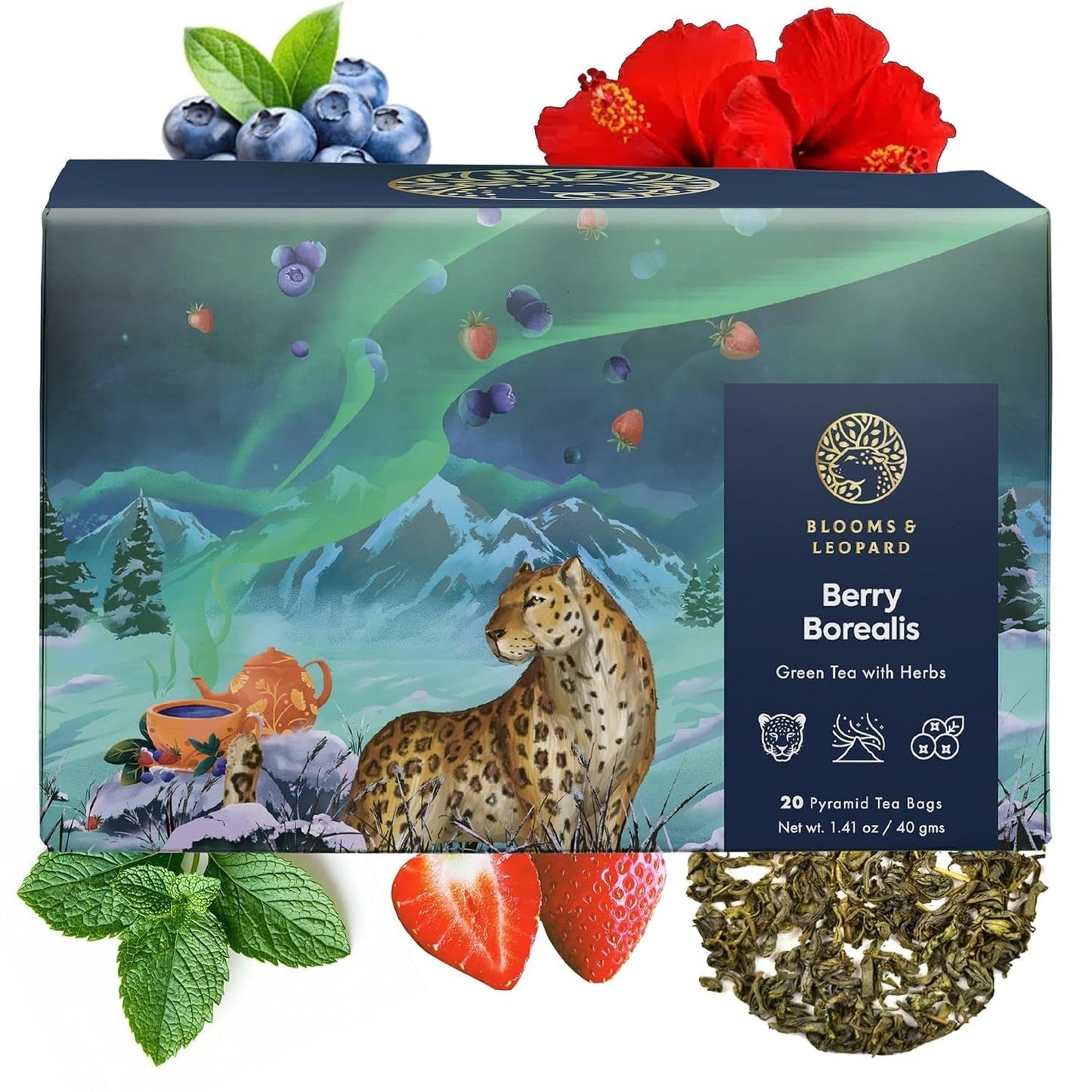 Blooms & Leopard Premium-Grünteebeutel – Beeren-Borealis-Mischung mit Hibiskus, Blaubeere, Erdbeere und grüner Minze – 20 Pyramiden-Teebeutel für heißen oder kalten Tee