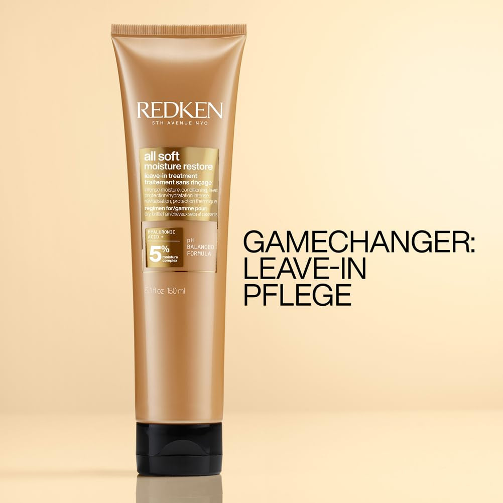 Redken Haarmaske mit Hyaluronsäure für trockenes Haar, Anti-Frizz und Hitzeschutz bis 230 °C, All Soft Moisture Restore Leave-In-Maske, 1 x 150 ml Naty Shop Haarmaske