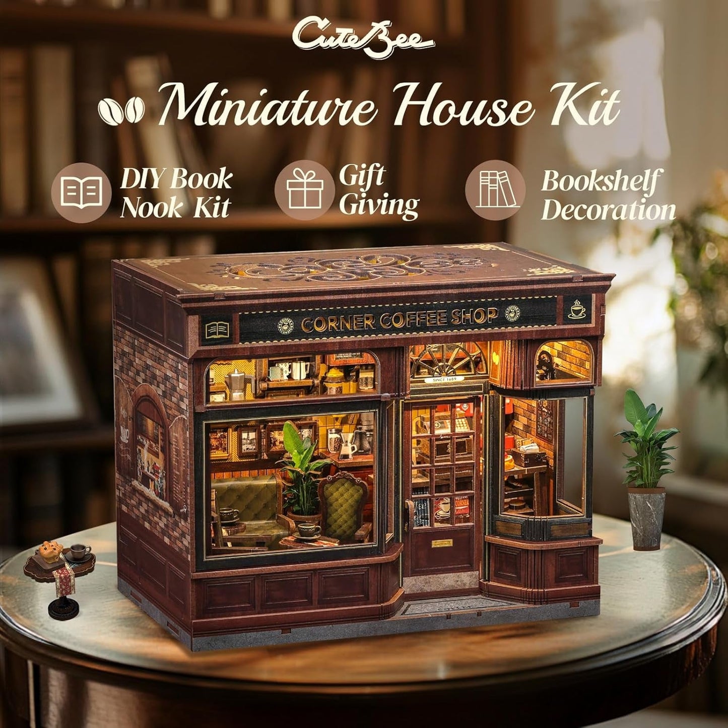 CUTEBEE Bücherecken-Set – DIY-Puppenhäuser, LED-beleuchtetes Miniaturhaus-Bauset für Erwachsene, 3D-Holzpuzzle und Bücherständer – Bücherregal-Dekoration und Geschenk (Eckcafé)