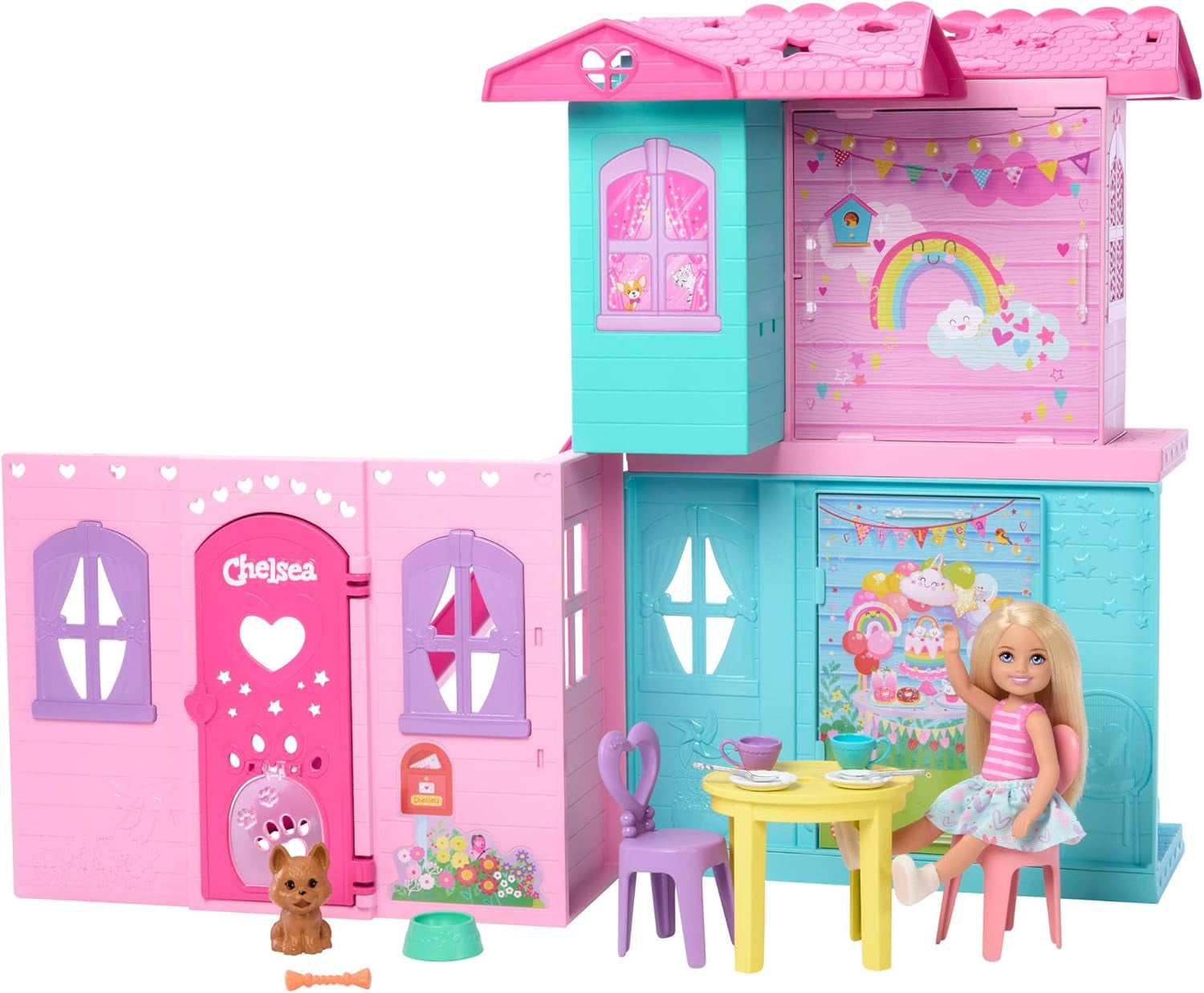 Barbie Chelsea-Puppenhaus mit mehr als 15 Zubehörteilen, Pop-up-Haus erweiterbar auf über 42 x 33 cm mit 5 Spielbereichen und einer Rutsche, mit einer kleinen Puppe und einem Hund, JFW49