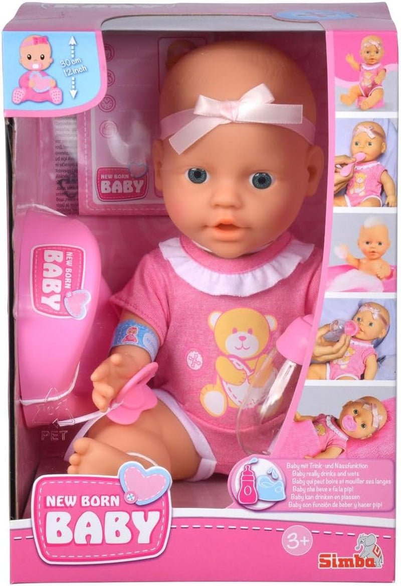 Simba 105030069 – Neugeborene Puppe, Trink- und Trinkpuppe aus Vollvinyl mit Geburtsurkunde und Zubehör, 4 Teile, 30 cm, Babypuppe, ab 3 Jahren