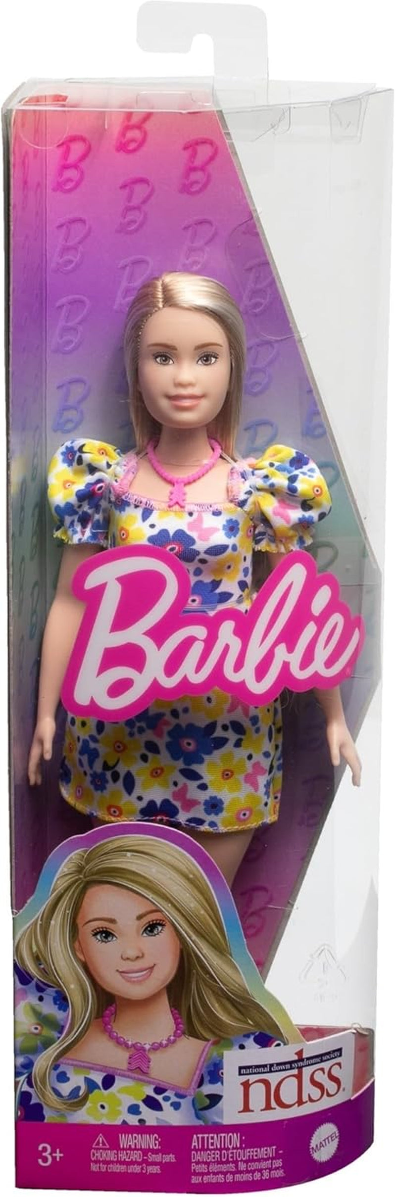 Barbie Fashionistas-Puppe, entwickelt mit der National Down Syndrome Society, mit blonden Haaren und einem modernen Outfit in einem Blumenkleid und weißen Turnschuhen, ab 3 Jahren, HJT05