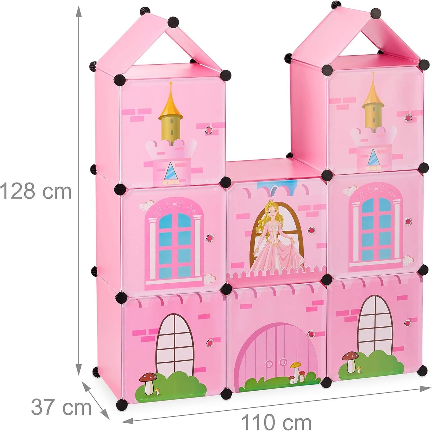 Relaxdays Modulregal für Kinderzimmer, Prinzessinnenschloss-Design, Kunststoff, DIY-Schrank mit Türen, HL: 128 x 110 x 37 cm, rosa