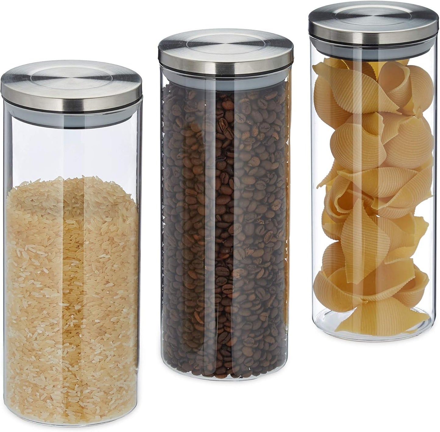Relaxdays Vorratsdosen 3er-Set, versiegelter Edelstahldeckel, Nudeln, Müsli, Reis, 1,5 Liter, Küchenbehälter, klar, silberfarben, 24 x 9,5 x 9,5 cm, klare silberne Frischhaltedosen, Naty Shop Standardtitel
