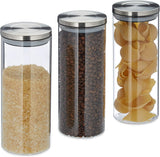 Relaxdays Vorratsdosen 3er-Set, versiegelter Edelstahldeckel, Nudeln, Müsli, Reis, 1,5 Liter, Küchenbehälter, klar, silberfarben, 24 x 9,5 x 9,5 cm, klare silberne Frischhaltedosen, Naty Shop Standardtitel