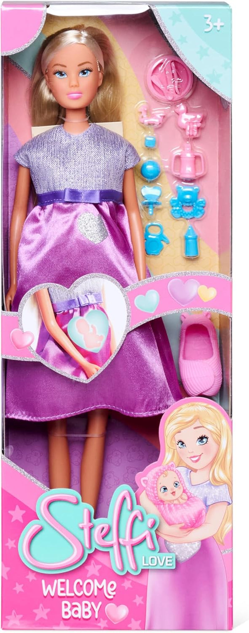 Simba Steffi Love Welcome Baby, 29 cm, schwangere Steffi, 12er-Pack Rollenspielzubehör, modische Puppe mit 4 cm großem Babypuppenspielzeug für Kinder ab 3 Jahren