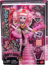 Monster High Scary Sweet Birthday Cupid Asteria Puppe in rosa und rotem Partykleid mit thematischen Accessoires wie Einladung, Ballon, Geschenk und mehr, JBG77