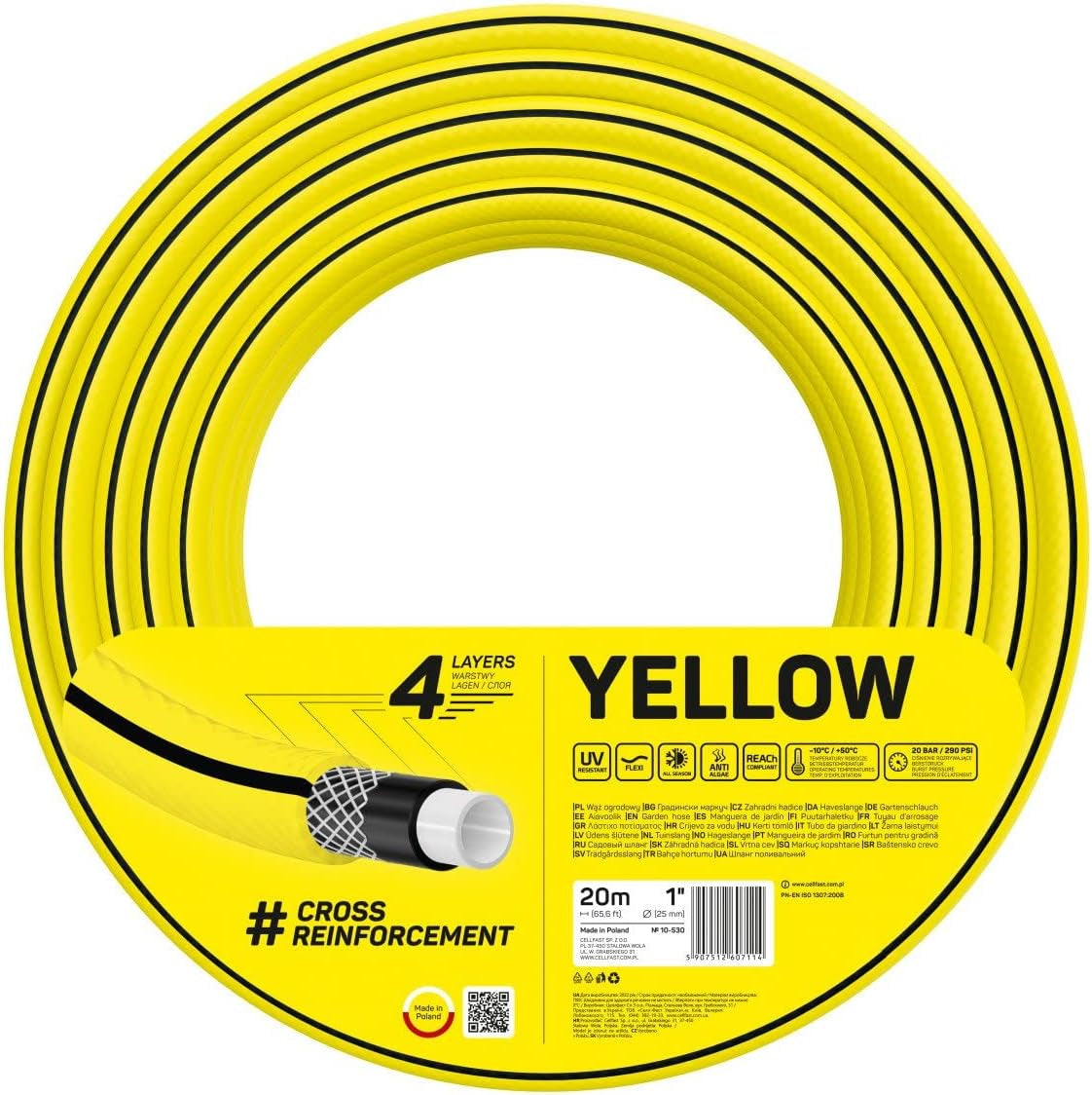 Gartenschlauch Cellfast GELB, leicht, langlebig, 4-lagig, langlebiges Kreuzgeflecht, UV- und algenbeständig, verdrehsicher, REACH-Technologie, 20 bar, -10/+50°C, 2,5 cm Verschluss, 20 m
