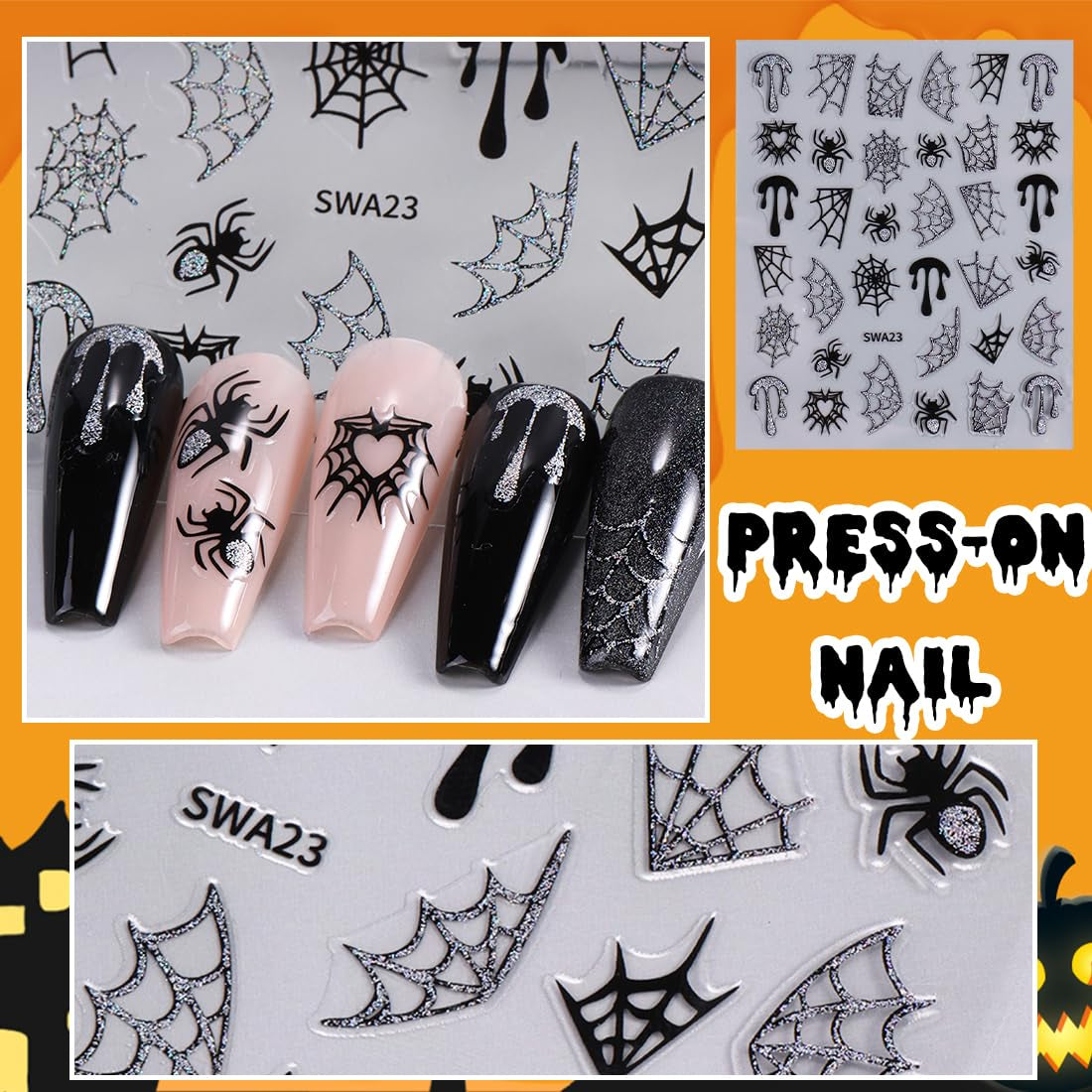 5 Stück Halloween 3D-Nagelaufkleber, 5D stereoskopische Nagelaufkleber, Nageldekorationen, Nageldesign-Zubehör