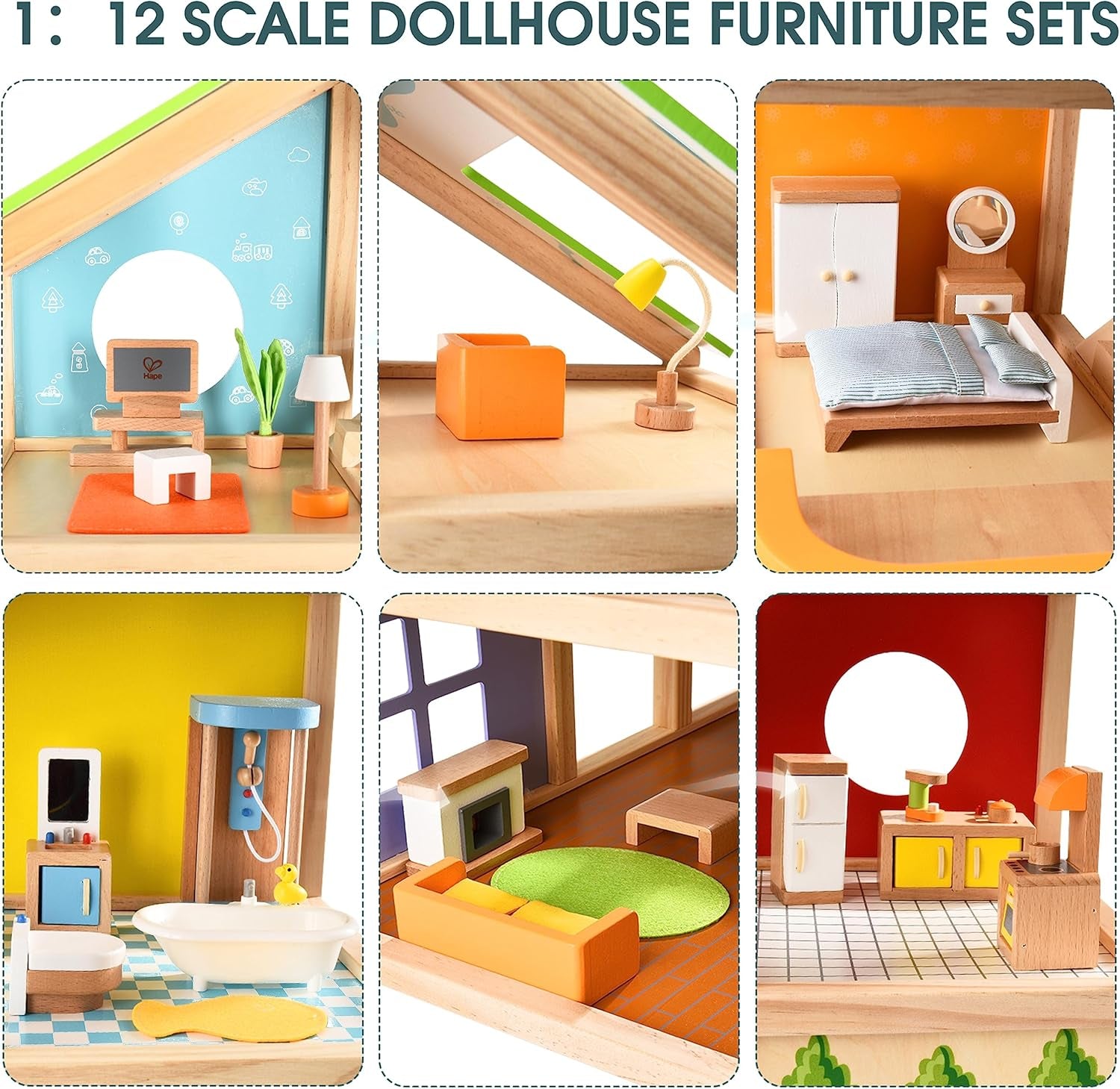 Hape Four Seasons Puppenhaus – preisgekröntes dreistöckiges Puppenhaus aus Holz mit Möbeln, Zubehör, Schiebetreppe und Wendedach für alle Jahreszeiten, für Kinder ab 3 Jahren