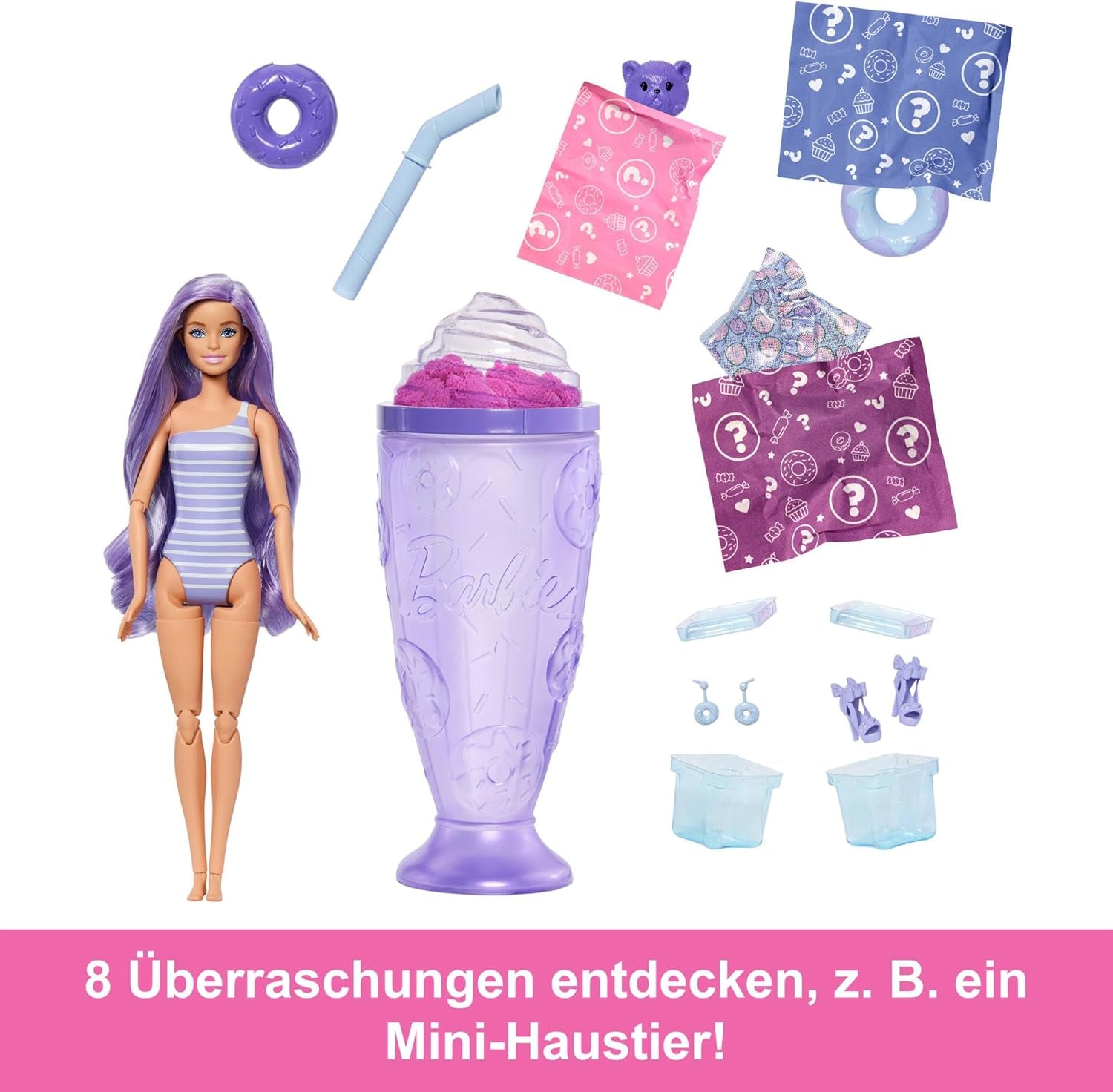 Barbie Pop Reveal Series Set mit Modepuppe und Zubehör, Candy Series, Donut Dreams Design mit Haustier, 8 Überraschungen inklusive Farbwechsel, JFY60