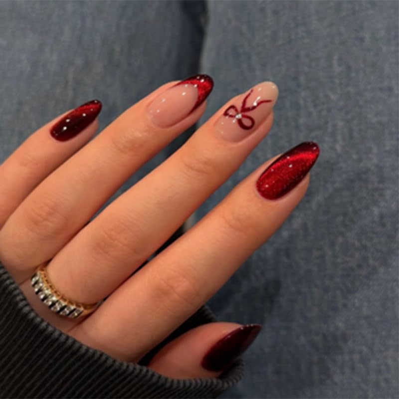 Mouyouglow Kurze magnetische künstliche Nägel, rosa mandelroter Farbverlauf, glitzerndes Katzenauge mit Kleber, rosa rote Ombre-Glitzer-Phototherapie-künstliche Nägel für Frauen und Mädchen