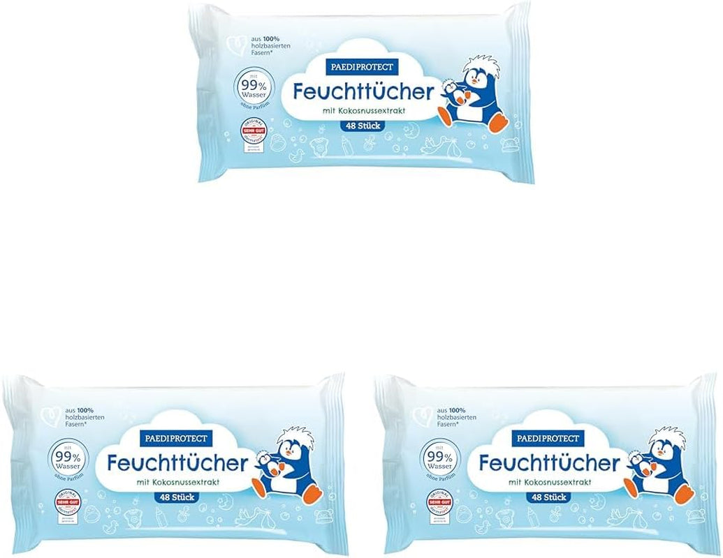 PAEDIPROTECT Baby-Feuchttücher, 1 x 10 Stück, empfindliche Baby-Wasser-Feuchttücher, 99 % Wasser, frei von Duftstoffen, für Babys und Kinder, zarte Haut, ohne Kokosnussextrakt, ohne Mikroplastik, vegan (5er-Pack)