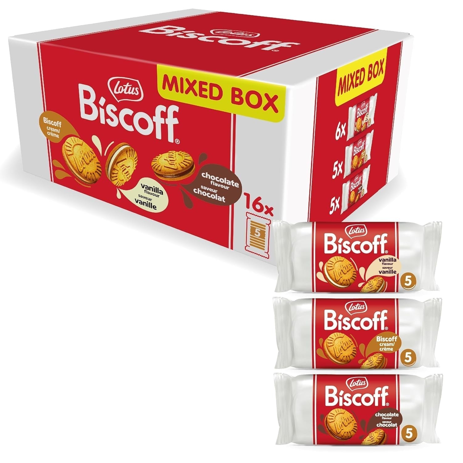 Lotus Biscoff | Doppelte Kekse-Sortenpackung | 3 Sorten: Biscoff Cream, Vanille- und Schokoladengeschmack | 5 Doppelkekse pro Packung | Inhaltsstoffe natürlichen Ursprungs | Keine Farbstoffe | 16 x 50g | 800g
